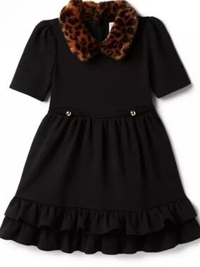 Janie and Jack Black Dress with Leopard Faux-Fur Collar